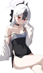  1girl absurdres black_collar black_dress black_hair black_horns blue_archive blush breasts collar commentary_request covered_navel crossed_legs dress ear_piercing grey_hair grey_halo grey_jacket halo hand_up head_tilt highres horns invisible_chair jacket kayoko_(blue_archive) kayoko_(dress)_(blue_archive) long_hair looking_at_viewer mole mole_on_neck multicolored_hair neranainerune official_alternate_costume piercing red_eyes side_slit simple_background sitting sleeves_past_wrists small_breasts smile solo strap_slip thighs two-tone_hair unworn_headwear white_background 