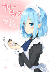 1boy 1girl apron ascot blue_eyes blue_hair blush brooch clothes_writing commentary_request copyright_name cupping_hands in_palm jewelry juliet_sleeves kani_biimu long_sleeves looking_at_viewer maid maid_apron maid_headdress mini_person miniboy own_hands_together partially_translated pointy_ears puffy_sleeves release_date revision sayama_takahiro shirt short_hair t-shirt translation_request white_apron wrist_cuffs yumiel rating:Sensitive score:1 user:danbooru