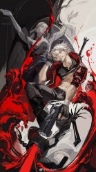  1boy absurdres angel_statue blood blue_eyes coat dante_(devil_may_cry) demon devil_may_cry_(series) devil_may_cry_5 ebony_&amp;_ivory facial_hair fingerless_gloves gloves gun highres holding limited_palette male_focus muscular muscular_male red_coat red_theme sin_node smile solo statue sword toned toned_male weapon white_hair 