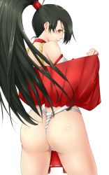  1girl ass bad_id bad_pixiv_id bare_shoulders blush brown_eyes fundoshi green_hair hawoku_ishibare japanese_clothes long_hair looking_at_viewer looking_back momiji_(ninja_gaiden) ninja_gaiden ninja_gaiden:_dragon_sword simple_background smile solo white_background 