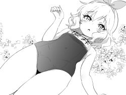  1girl belly blush bow breasts clenched_hand eyelashes flower from_below greyscale hair_bow headband idolmaster idolmaster_cinderella_girls minazuki_tooru monochrome name_tag navel one-piece_swimsuit open_mouth sakurai_momoka school_swimsuit small_breasts solo swimsuit thighs wavy_hair 