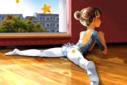  1girl arched_back ass backless_outfit bad_id bad_twitter_id ballerina blue_eyes brown_hair building child choker double_bun feet foreshortening from_behind hair_bun indoors legs leotard long_hair looking_at_viewer looking_back lying masuda_(yousaytwosin) no_shoes on_stomach original own_hands_together pantyhose short_hair skirt solo spread_legs star_(symbol) tree white_pantyhose window wooden_floor  rating:Sensitive score:459 user:danbooru