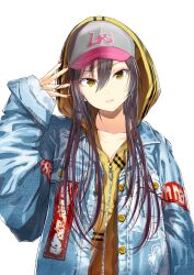  1girl baseball_cap black_hair blue_jacket blush breasts closed_mouth collarbone dot_nose hair_between_eyes hand_up hat highres hood hood_up hoodie idolmaster idolmaster_shiny_colors jacket large_breasts long_hair long_sleeves looking_at_viewer nail_polish open_clothes open_jacket red_nails shirase_sakuya simple_background smile solo upper_body white_background yae_(mono110) yellow_eyes yellow_hoodie zipper zipper_pull_tab 