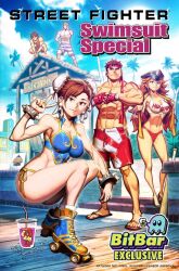  2girls 3boys alternate_color alternate_costume armpits artist_request ass baseball_bat blonde_hair blue_eyes bracelet breasts brown_eyes brown_hair capcom chun-li cleavage cody_travers earrings english_text final_fight glass gloves guy_(final_fight) hair_bun hat headband highres jewelry large_breasts long_hair military_hat multiple_boys multiple_girls muscular muscular_male nipples on_roof orange_hair palm_tree pearl_earrings pectoral_cleavage pectorals promotional_art roller_skates roxy_(final_fight) ryu_hayabusa skates smile spiked_bracelet spiked_hair spikes squatting street_fighter swimsuit tank_top topless_male towel traw tree v 