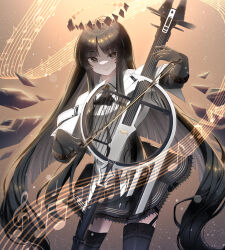  1girl arknights ascot black_ascot black_garter_straps black_gloves black_hair black_skirt black_thighhighs bow_(music) broken_halo brown_eyes brown_hair brown_halo brown_wings cello closed_mouth collared_jacket colored_inner_hair commentary contrapposto cowboy_shot dark_halo detached_wings diamond-shaped_pupils diamond_(shape) energy_wings eyelashes garter_straps gloves halo hands_up highres holding holding_bow_(music) holding_instrument instrument jacket lace lace-trimmed_skirt lace_trim layered_sleeves light_particles long_sleeves looking_at_viewer miniskirt mole mole_under_eye multicolored_hair music musical_note playing_instrument rinzy short-sleeved_jacket short_over_long_sleeves short_sleeves skirt smile solo staff_(music) standing strap symbol-shaped_pupils thighhighs two-tone_hair variant_set virtuosa_(arknights) white_jacket wide_sleeves wing_collar wings yellow_pupils 