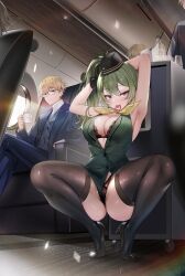 1girl armpits arms_behind_head arms_up ass bare_arms bare_shoulders black_bra black_footwear black_hat black_panties black_thighhighs blue_suit blush bra breasts cleavage crossed_legs cup formal glasses green_hair hat high_heels highres holding holding_cup land_(sousou_no_frieren) large_breasts looking_at_viewer multiple_boys naughty_face panties purple_eyes sitting sleeveless smile sousou_no_frieren squatting suit teddy_(khanshin) thighhighs thighs ubel_(sousou_no_frieren) underwear rating:Questionable score:34 user:danbooru