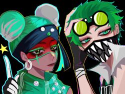  1boy 1girl apex_legends black_background black_gloves black_headband double_bun facepaint gloves goggles goggles_on_head green_eyes green_hair green_scarf green_vest hair_behind_ear hair_bun hair_ornament hand_on_own_head headband lifeline_(apex_legends) light_smile looking_at_viewer mask mouth_mask octane_(apex_legends) official_alternate_costume pirate_queen_lifeline pointing pointing_up san_chuo_chuan scarf short_hair skull_hair_ornament star_(symbol) vest 