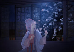  1girl absurdres alternate_costume alternate_hairstyle architecture chinese_clothes collarbone duijin_ruqun east_asian_architecture flower green_eyes hair_ribbon hanfu highres holding indoors lattice long_sleeves looking_to_the_side luo_tianyi merier peach_blossom rain red_ribbon ribbon single_hair_ring sitting solo virtual_youtuber vocaloid vsinger wide_sleeves window 