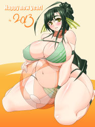  10s 1girl 2013 absurdres ball beachball bikini breasts choker covered_erect_nipples female_focus gills green_bikini green_hair highres huge_breasts long_hair navel new_year original plump ponytail pregnant renges sitting smile solo swimsuit thick_thighs thighs wide_hips yellow_eyes  rating:Questionable score:72 user:Xander
