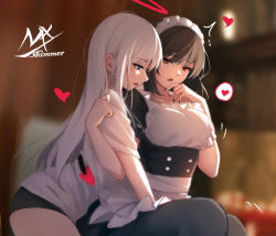 2girls alternate_costume angel_girl_(shimmer) between_legs black-haired_demon_girl_(shimmer) black_dress black_hair black_legwear black_nails black_panties breasts buttons demon_tail double-breasted dress enmaided fang halo hand_between_legs heart highres large_breasts long_hair lower_teeth_only maid maid_headdress multiple_girls nail_polish open_mouth original panties pantyhose red_eyes saliva shimmer shirt short_sleeves tail teeth trembling underwear yuri rating:Questionable score:28 user:danbooru