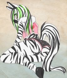  blush crossdressing furry hooves looking_over_shoulder multicolored_hair trap zebra  rating:Questionable score:25 user:dark_fayt20