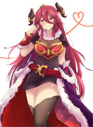 1girl absurdres armor black_dress black_thighhighs breastplate breasts chofuya cleavage closed_mouth dragalia_lost dragon_girl dragon_horns dragon_tail dress fur_trim hair_between_eyes heart highres horns long_bangs looking_at_viewer mym_(dragalia_lost) orange_eyes red_hair short_sleeves smile solo tail thighhighs twitter_username white_background 
