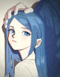 1boy 1girl akita_(tohoku_high-light) blue_eyes blue_hair blue_robe commentary_request commission frown grey_shirt hand_on_another&#039;s_head highres iwate_(tohoku_high-light) long_hair looking_at_viewer miyage_no_nukegara robe shirt skeb_commission solo_focus tohoku_high-light rating:General score:3 user:danbooru
