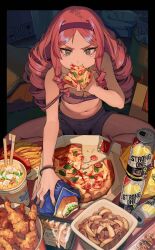  1girl absurdres alcohol black_bra box bra breasts burger can cardboard_box chips_(food) chopsticks cleavage cup_ramen drill_hair drill_sidelocks eating food french_fries fried_chicken green_eyes highres holding holding_food holding_pizza ka_4maki long_hair medium_breasts noodles original pizza potato_chips red_hair shorts sidelocks sitting skewer solo strong_zero table tears tissue_box underwear v-shaped_eyebrows 