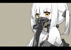 1girl black_mask blue_archive child coat colored_skin dildo_under_mask ein_(blue_archive) mask mechanical_arms medium_hair respirator solo symbol-shaped_pupils twintails upper_body white_coat white_hair white_skin x-shaped_pupils yellow_eyes yuacalo 