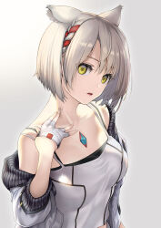  1girl animal_ears bare_shoulders blonde_hair braid breasts fingerless_gloves gloves highres jacket looking_at_viewer medium_breasts mio_(xenoblade) off_shoulder open_mouth short_hair solo tanaka_shoutarou upper_body white_gloves xenoblade_chronicles_(series) xenoblade_chronicles_3 yellow_eyes 