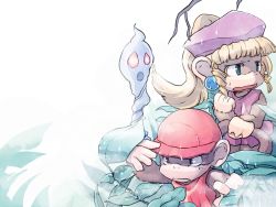  1boy 1girl blonde_hair citolo diddy_kong donkey_kong_(series) ghost hat jewelry long_hair monkey nintendo plant ponytail scared tail 