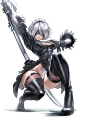  1girl 2b_(nier:automata) absurdres black_dress blindfold boots breasts cleavage_cutout closed_mouth clothing_cutout commentary_request covered_navel dress feather_trim full_body gloves hair_ornament hairband highleg highleg_leotard highres holding juaag_acgy leotard leotard_under_clothes lips long_sleeves medium_breasts nier:automata nier_(series) puffy_sleeves shadow shiny_clothes shiny_skin short_dress short_hair simple_background solo sword thigh_boots thighhighs thighs virtuous_contract weapon white_background white_hair  rating:Sensitive score:12 user:danbooru