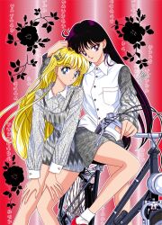 2girls aino_minako bicycle bishoujo_senshi_sailor_moon blonde_hair blue_eyes closed_mouth earrings hand_on_another&#039;s_head hands_on_thighs highres hino_rei jacket jewelry long_hair long_sleeves marco_albiero multiple_girls nails purple_eyes purple_hair sitting skirt very_long_hair