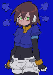  1girl absurdres aile_(mega_man_zx) black_bodysuit blue_background blue_jacket blush bodysuit bodysuit_under_clothes brown_hair buzzlyears covered_navel cowboy_shot cropped_jacket glowing glowing_eyes green_eyes highres jacket looking_at_viewer mega_man_(series) mega_man_zx pout robot_ears short_hair shorts simple_background white_shorts 