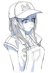  1girl baseball_cap blue_theme blush breasts hat highres long_hair monochrome original overalls short_sleeves simple_background sketch solo takeuchi_aya upper_body white_background 