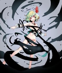  1girl barefoot bifidus_(exkagerou8665) blonde_hair breasts darkness groin hair_ribbon highres navel nude open_mouth red_eyes red_ribbon ribbon rumia short_hair small_breasts smile solo touhou  rating:Questionable score:15 user:danbooru