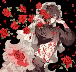  1boy bad_id bad_twitter_id black_background bleeding blonde_hair blood blood_on_arm blood_on_face bridal_veil brown_hair brown_pants brown_shirt colored_tips cropped_shirt cuts floral_background flower hands_up highres inactive_account injury long_sleeves looking_at_viewer male_focus meremero multicolored_hair navel pants puffy_long_sleeves puffy_sleeves red_flower red_rose rose see-through see-through_shirt shirt short_hair slow_damage smile solo towa_(slow_damage) veil yellow_eyes 