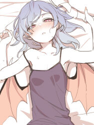 1girl asutora bat_wings bed_sheet black_camisole blue_eyes blue_hair blush breasts camisole cleavage commentary_request looking_at_viewer lying no_headwear on_back red_eyes remilia_scarlet short_hair small_breasts solo touhou wings rating:Questionable score:96 user:danbooru