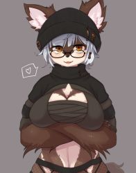 1girl animal_ears beanie black_hat blush body_fur breast_hold breasts brown_fur cleavage cleavage_cutout clothing_cutout commission ears_through_headwear fangs female_focus fishnets furry furry_female glasses hat heart highres looking_at_viewer navel open_mouth orange_eyes original sarashi second-party_source smile solo spoken_heart tokumori_kaisen turtleneck white_hair