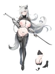  1girl :q absurdres alternate_costume animal_ears arknights arm_guards ass barcode barcode_tattoo black_footwear black_gloves blue_eyes blush boots breasts closed_mouth clothes_writing extra_ears full_body garter_straps gloves gluteal_fold grey_hair hair_ornament hairclip head_tilt heterochromia highres holding holding_sword holding_weapon lappland_(arknights) large_breasts leotard long_hair looking_at_viewer multiple_views nanaya_journey navel nipples o-ring pubic_tattoo scar scar_across_eye scar_on_face see-through see-through_leotard shrug_(clothing) simple_background smile sword tail tattoo thigh_boots thigh_gap tongue tongue_out very_long_hair weapon white_background wolf_ears wolf_girl wolf_tail yellow_eyes 