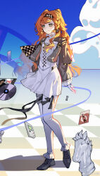  alan_lan_lan black_bow blue_sky bow braided_sidelock checkered_floor checkered_hairband chess_piece closed_mouth cloud collared_dress cropped dress full_body game_boy game_boy_(original) gloves green_eyes grey_cloak grey_footwear grey_sleeves handheld_game_console high_collar highres knight_(chess) long_hair long_sleeves microsoft_windows orange_hair pants pants_under_dress puffy_long_sleeves puffy_sleeves record record_jacket reverse:1999 short_dress sky smile sonetto_(reverse:1999) standing thigh_bow two_side_up weibo_logo weibo_watermark white_dress white_gloves white_pants 