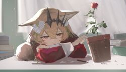  1girl animal_ears arknights black_tiara blonde_hair blurry blurry_background book book_stack cat_ears cat_girl commentary crossed_arms curtains desk dress flower hair_flower hair_ornament half-closed_eyes highres long_sleeves mikeneko90 pencil plant potted_plant red_dress rose shadow solo tail tiara upper_body vendela_(arknights) white_flower white_rose window 