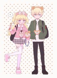  1boy 1girl :d bag bear_ear_hairband black_footwear black_pants blonde_hair blue_eyes blush bow brother_and_sister churro closed_mouth food full_body fur-trimmed_jacket fur_trim green_jacket hair_bow heart heart_background highres holding holding_food hoshikuzu_(pinkholic) idol_time_pripara jacket long_hair long_sleeves looking_at_viewer musical_note open_mouth pants pink_footwear pink_jacket plaid plaid_skirt pom_pom_(clothes) pretty_series pripara purple_bow purple_eyes purple_skirt ringlets shoes short_hair shoulder_bag siblings skirt smile spoken_musical_note standing standing_on_one_leg sweater thighhighs two_side_up white_sweater white_thighhighs yumekawa_shogo yumekawa_yui 