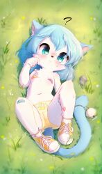  1girl :&lt; ? aas_(aasjpvm) absurdres animal_ear_fluff animal_ears animal_nose aqua_eyes artist_name ass bandaid bandaid_on_knee bandaid_on_leg bandaids_on_nipples bell blue_hair blush body_fur cameltoe cat_ears cat_girl cat_tail cleft_of_venus closed_mouth commentary english_commentary female_focus flat_chest full_body furry furry_female grass hair_between_eyes heart_sticker highres huge_filesize jingle_bell knees_up loli looking_at_viewer lying medium_hair navel nose_blush object_insertion on_back on_grass original outdoors panties pasties print_panties rock shoes signature solo sticker_on_leg tail tail_bell tail_ornament thighs topless two-tone_footwear underwear underwear_only white_footwear white_fur yellow_footwear yellow_panties  rating:Questionable score:77 user:danbooru