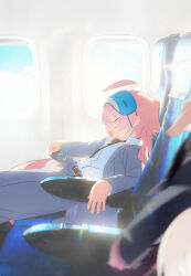  2girls absurdres ahoge airplane_interior alternate_costume black_necktie blue_archive blue_pants blue_shirt bm_tol closed_eyes collared_shirt fang highres hoshino_(blue_archive) long_sleeves multiple_girls necktie open_mouth pants pink_hair shirt short_hair sitting skin_fang sleeping solo_focus 