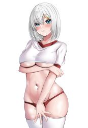  1girl alternate_costume arm_under_breasts blue_eyes blush breasts buruma closed_mouth commentary_request cropped_shirt embarrassed grey_hair groin gym_shirt hair_between_eyes hair_ornament hairclip hamakaze_(kancolle) highres kantai_collection large_breasts red_buruma shirt short_hair solo sweat tf_cafe underboob white_background 