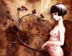 1girl berry black_eyes black_hair bob_cut breasts cleavage collarbone female_focus frown messiah_cage nipples nude original plant pregnant profile short_hair signature small_breasts solo standing surreal tree watermark rating:Questionable score:20 user:danbooru