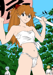 1girl ayanami_rei bare_legs blue_eyes breasts brown_hair cameltoe eywy4324 floating_hair fundoshi highres japanese_clothes legs_apart long_hair looking_at_viewer neon_genesis_evangelion nude outdoors revealing_clothes shirt skindentation small_breasts smile souryuu_asuka_langley standing white_shirt wide_hips