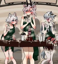  3girls animal_ears animal_penis apron arknights bar_censor blush bulge censored click_(arknights) closed_eyes cum cum_in_container cum_in_cup cum_on_legs earthspirit_(arknights) embarrassed erection erection_under_clothes excessive_cum futanari goat_horns heavyrain_(arknights) horns horse_ears horse_penis horse_tail huge_penis iced_latte_with_breast_milk_(meme) long_hair meme mirin_chikuwa mouse_ears mouse_tail multiple_girls multiple_penises naked_apron penis penis_size_difference short_hair tail testicles  rating:Explicit score:238 user:danbooru