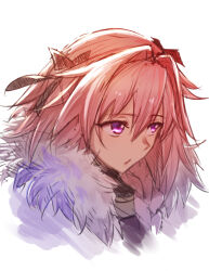  1boy :o astolfo_(fate) black_ribbon chestnut_mouth emoshon eyelashes facing_away fate/apocrypha fate/grand_order fate_(series) fur_collar hair_between_eyes hair_intakes hair_ribbon highres lips looking_away looking_to_the_side male_focus nose open_mouth pink_hair purple_eyes ribbon short_hair simple_background solo trap tsurime turtleneck white_background  rating:Sensitive score:15 user:buster2222