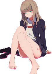  1girl arms_at_sides bare_legs barefoot black_jacket black_skirt black_socks blunt_bangs blush bright_pupils brown_hair closed_mouth commentary_request convenient_leg feet foot_out_of_frame green_eyes gridman_universe highres jacket knees_together_feet_apart knees_up koganei legs light_smile long_hair looking_at_viewer minami_yume miniskirt shirt sidelocks simple_background skirt sleeves_past_wrists slit_pupils socks solo split_mouth ssss.dynazenon thighs toenails toes tsurime unworn_socks wavy_hair white_background white_shirt 