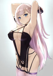 1girl absurdres armpits arms_up art_itou azur_lane bare_hips bare_shoulders black_dress black_gloves blue_eyes blunt_bangs blush breasts center_opening cleavage closed_mouth clothes_writing copyright_name cowboy_shot criss-cross_halter dress gloves gradient_background gradient_hair grey_background halterneck highres large_breasts looking_at_viewer mole mole_under_eye multicolored_hair one_side_up pink_hair pink_thighhighs race_queen revealing_clothes shoukaku_(azur_lane) shoukaku_(sororal_wings)_(azur_lane) silver_hair sleeveless sleeveless_dress solo thighhighs rating:Sensitive score:61 user:danbooru
