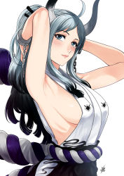  1girl alternate_hair_color armpits black_hair blue_eyes breasts cuffs gradient_hair hair_ornament hair_stick highres horns japanese_clothes long_hair multicolored_hair one_piece oni shackles sideboob silver_hair solo xter yamato_(one_piece)  rating:Sensitive score:153 user:danbooru