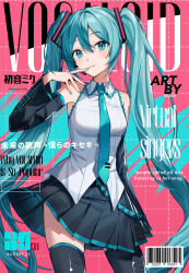  1girl 39 absurdres black_footwear black_sleeves blue_eyes blue_hair blue_nails blue_necktie boots breasts character_name collared_shirt copyright_name detached_sleeves dress_shirt english_text floating_hair hair_between_eyes hannahkwok4 hatsune_miku highres long_hair long_sleeves looking_at_viewer nail_polish necktie parted_lips shirt sleeveless sleeveless_shirt small_breasts solo standing thigh_boots thighhighs twintails very_long_hair vocaloid white_shirt wing_collar zettai_ryouiki 