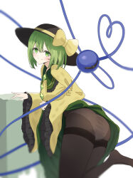  1girl absurdres arm_support ass black_hat black_pantyhose blurry blush bow buttons closed_mouth clothes_lift commentary depth_of_field diamond_button foot_out_of_frame frilled_shirt_collar frilled_sleeves frills green_eyes green_skirt hair_between_eyes hat heart heart_of_string highres komeiji_koishi long_sleeves looking_at_viewer medium_hair mino_(minori) no_shoes panties panties_under_pantyhose pantyhose shirt simple_background skirt skirt_lift smile smug solo split_mouth standing standing_on_one_leg straight_hair thighband_pantyhose thighs third_eye touhou underwear white_background white_panties wide_sleeves yellow_bow yellow_shirt 