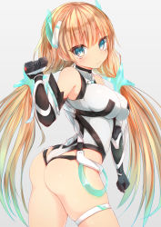 1girl angela_balzac ass bare_shoulders blonde_hair blue_eyes blush breasts elbow_gloves female_focus gloves grey_background headgear highres large_breasts leotard long_hair looking_at_viewer low_twintails rakuen_tsuihou solo sune_(mugendai) suneo thigh_strap twintails very_long_hair rating:Sensitive score:26 user:danbooru
