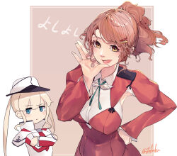  2girls aquila_(kancolle) armpits blonde_hair blue_eyes blush breasts capelet closed_mouth collared_shirt fuwafuwatoufu graf_zeppelin_(kancolle) hair_ornament hairclip hat high_ponytail highres jacket kantai_collection large_breasts long_hair long_sleeves looking_at_viewer military_uniform multiple_girls one-hour_drawing_challenge open_mouth orange_hair peaked_cap red_jacket shirt sidelocks smile twintails twitter_username uniform white_headwear white_jacket white_shirt wing_collar yellow_eyes 