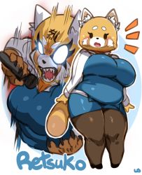 10s aggressive_retsuko angry arms_at_sides bad_id bad_pixiv_id belly belt big_belly blouse blue_shirt blue_skirt blush body_fur breasts curvy fangs fat fat_rolls furry furry_female glowing glowing_eyes heavy_metal high_heels highres holding holding_microphone knees large_breasts lightsource long_eyelashes long_sleeves marking_on_cheek markings microphone open_clothes open_mouth open_skirt pantyhose plump possessed red_panda red_panda_ears red_panda_tail retsuko shirt shortstack skirt surprised thick_eyebrows thick_thighs thighs undersized_clothes white_theme wide_hips rating:Sensitive score:85 user:danbooru