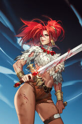  1girl blood bloody_weapon bracelet brown_shorts earrings green_eyes high_ponytail highres holding holding_sword holding_weapon jewelry leirix long_hair looking_at_viewer red_hair red_sonja red_sonja_(comics) short_shorts shorts signature solo sword torn_clothes torn_shorts weapon 
