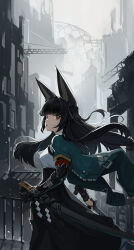  1girl absurdres animal_ears aqua_jacket arm_strap black_gloves black_hair black_skirt blunt_bangs breasts closed_mouth collared_shirt commentary_request fox_ears from_behind gloves half_updo highres holding holding_sword holding_weapon hoshimi_miyabi jacket jiaowohuangdaoa long_hair long_skirt looking_at_viewer mechanical_arms mechanical_hands medium_breasts open_clothes open_jacket outdoors railing red_eyes red_rope rope ruins scabbard sheath shide shirt side_slit sidelocks single_glove single_mechanical_arm single_mechanical_hand skirt solo sword unsheathed weapon white_shirt zenless_zone_zero 